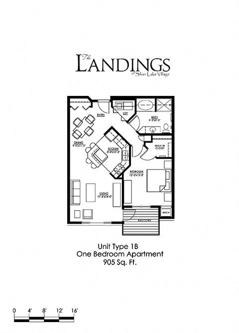 Floor plan for 1 bed, 1 bath, 905 sqft